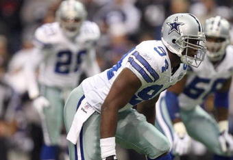 IRVING, TX - DECEMBER 20:  DeMarcus Ware #94 of the Dallas Cowboys lines up on defense during their NFL game against the Baltimore Ravens at Texas Stadium on December 20, 2008 in Irving, Texas. The Ravens defeated the Cowboys 33-24. (Photo by Ronald Martinez/Getty Images)