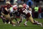 TALLAHASSEE, FL - NOVEMBER 29:  Receiver Jeffrey Demps #2 of the Florida Gators is brought down by linebacker Dekoda watson #36 of the Florida State Seminoles during the first half at Bobby Bowden Field at Doak Campbell Stadium on November 29, 2008 in Tallahassee, Florida.  Florida defeated Florida State 45-15.  (Photo by Marc Serota/Getty Images)
