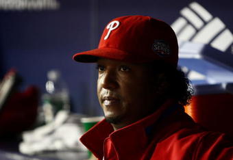 NEW YORK - OCTOBER 29:  Starting pitcher Pedro Martinez #45 of the Philadelphia Phillies looks on from the dugout against the New York Yankees in Game Two of the 2009 MLB World Series against at Yankee Stadium on October 29, 2009 in the Bronx borough of New York City.  (Photo by Chris McGrath/Getty Images)