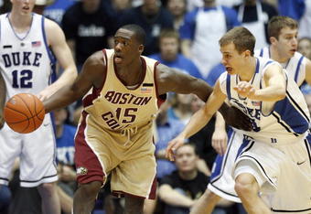 DURHAM, NC - FEBRUARY 9: Rakim Sanders #15 of the Boston College Eagles drives the ball against Jon Scheyer #30 of the Duke Blue Devils at Cameron Indoor Stadium on February 9, 2008 in Durham, North Carolina.  Duke defeated Boston College 90-80.  (Photo by Kevin C. Cox/Getty Images)
