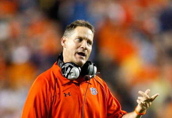 AUBURN, AL - SEPTEMBER 19:  Head coach Gene Chizik of the Auburn Tigers looks on during the game against the West Virginia Mountaineers at Jordan-Hare Stadium on September 19, 2009 in Auburn, Alabama.  (Photo by Kevin C. Cox/Getty Images)