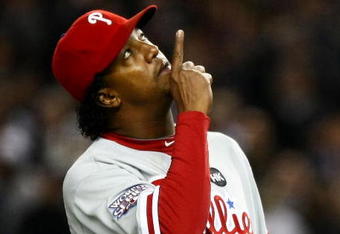NEW YORK - OCTOBER 29:  Starting pitcher Pedro Martinez #45 of the Philadelphia Phillies comes out of the game in the seventh inning against the New York Yankees in Game Two of the 2009 MLB World Series against at Yankee Stadium on October 29, 2009 in the Bronx borough of New York City.  (Photo by Chris McGrath/Getty Images)