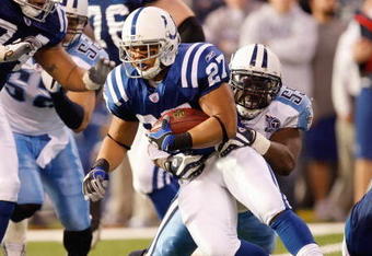 INDIANAPOLIS - DECEMBER 28:  Lance Ball #27 of the Indianapolis Colts carries the ball during the game against the Tennessee Titans on December 28, 2008 at Lucas Oil Stadium in Indianapolis, Indiana. (Photo by: Jamie Squire/Getty Images)