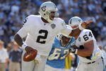 SAN DIEGO - NOVEMBER 01:  JaMarcus Russell #2 of the Oakland Raiders scrambles out of the pocket as he is rushed by Larry Engllish #52 of the San Diego Chargers during the second quarter at Qualcomm Stadium on November 1, 2009 in San Diego California.  (Photo by Harry How/Getty Images)