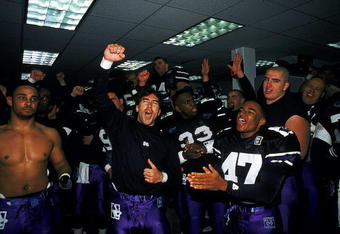 11 Nov 1995: The Northwestern Wildcats celebrates in the locker room after a game against the Iowa Hawkeyes at the Dyche Stadium in Evanston, Illinois. The Wildcats defeated the Hawkeyes 31-20.