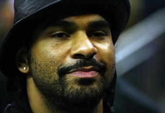 LONDON, ENGLAND - OCTOBER 06:  British Boxer David Haye looks on during the NBA pre-season game as part of the 2009 NBA Europe Live Tour between Chicago Bulls and Utah Jazz at the O2 Arena on October 6, 2009 in London, England.  NOTE TO USER: User expressly acknowledges and agrees that, by downloading and/or using this Photograph, user is consenting to the terms and conditions of the Getty Images License Agreement.  (Photo by Bryn Lennon/Getty Images)