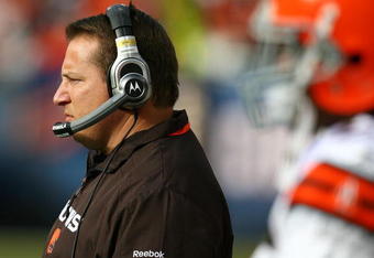 CHICAGO - NOVEMBER 01: Head coach Eric Mangini of the Cleveland Browns watches as his team takes on the Chicago Bears at Soldier Field on November 1, 2009 in Chicago, Illinois. The Bears defeated the Browns 30-6. (Photo by Jonathan Daniel/Getty Images)