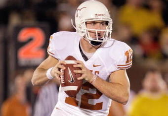 COLUMBIA, MO - OCTOBER 24:  Quarterback Colt McCoy #12 of the Texas Longhorns looks to pass the ball during the game against the Missouri Tigers on October 24, 2009 at Faurot Field/Memorial Stadium in Columbia, Missouri. (Photo by Jamie Squire/Getty Images)
