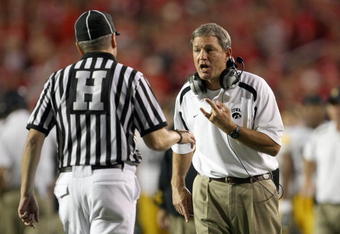MADISON, WI - SEPTEMBER 22: Head coach Kirk Ferentz of the Iowa Hawkeyes questions the referee during a game against the Wisconsin Badgers at Camp Randall Stadium September 22, 2007 in Madison, Wisconsin. (Photo by Jonathan Daniel/Getty Images) 