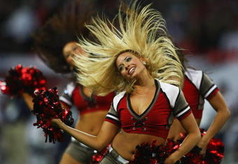 LONDON, ENGLAND - OCTOBER 25:  Cheerleaders during the NFL International Series match between New England Patriots and Tampa Bay Buccaneers at Wembley Stadium on October 25, 2009 in London, England. This is the third occasion where a regular season NFL match has been played in London.  (Photo by Julian Finney/Getty Images)