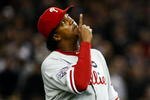 NEW YORK - OCTOBER 29:  Starting pitcher Pedro Martinez #45 of the Philadelphia Phillies comes out of the game in the seventh inning against the New York Yankees in Game Two of the 2009 MLB World Series against at Yankee Stadium on October 29, 2009 in the Bronx borough of New York City.  (Photo by Chris McGrath/Getty Images)