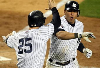 NEW YORK - NOVEMBER 04:  (L-R) Mark Teixeira #25 and Alex Rodriguez #13 of the New York Yankees celebrate after they scored on a 2-run double by Hideki Matsui #55 in the bottom of the fifth inning against the Philadelphia Phillies in Game Six of the 2009 MLB World Series at Yankee Stadium on November 4, 2009 in the Bronx borough of New York City.  (Photo by Al Bello/Getty Images)