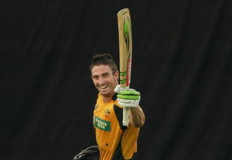 HYDERABAD, INDIA - NOVEMBER 05:  Shaun Marsh of Australia celebrates scoring his century during the fifth One Day International match between India and Australia at Rajiv Gandhi International Cricket Stadium on November 5, 2009 in Hyderabad, India.  (Photo by Mark Kolbe/Getty Images)