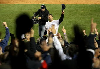 NEW YORK - NOVEMBER 04:  Andy Pettitte #46 of the New York Yankees tips his hat to the crowd as he was taken out of the game in the top of the sixth inning against the Philadelphia Phillies in Game Six of the 2009 MLB World Series at Yankee Stadium on November 4, 2009 in the Bronx borough of New York City.  (Photo by Al Bello/Getty Images)
