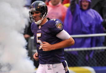 BALTIMORE - NOVEMBER 1:  Joe Flacco #5 of the Baltimore Ravens comes onto the field before the game against the Denver Broncos at M&T Bank Stadium on November 1, 2009 in Baltimore, Maryland. The Ravens defeated the Broncos 30-7. (Photo by Larry French/Getty Images)