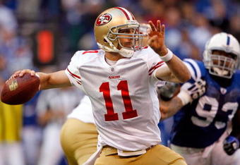 INDIANAPOLIS - NOVEMBER 01:  Alex Smith #11 of the San Francisco 49ers throws a pass during the NFL game against  the Indianapolis Colts  at Lucas Oil Stadium on November 1, 2009 in Indianapolis, Indiana. The Colts won 18-14.  (Photo by Andy Lyons/Getty Images)