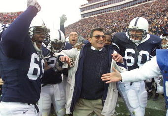27 Oct 2001 : Penn State head coach Joe Paterno is celebrated for his 324th career win after defeating Ohio State at Beaver Field in State College, Pennsylvania . Penn State won 29-27. DIGITAL IMAGE. Mandatory Credit: Jamie Squire/Allsport