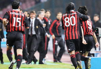 NAPLES, ITALY - OCTOBER 28:  Gianluca Zambrotta and Ronaldinho and Filippo Inzaghi of AC Milan celebrate after scoring the first goal during the Serie A match between SSC Napoli and AC Milan at Stadio San Paolo on October 28, 2009 in Rome, Italy.  (Photo by Giuseppe Bellini/Getty Images)