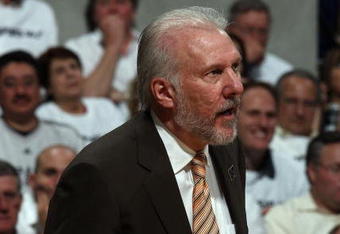 SAN ANTONIO - APRIL 20:  Head coach Gregg Popovich of the San Antonio Spurs during play against the Dallas Mavericks in Game Two of the Western Conference Quarterfinals during the 2009 NBA Playoffs at AT&T Center on April 20, 2009 in San Antonio, Texas. NOTE TO USER: User expressly acknowledges and agrees that, by downloading and or using this photograph, User is consenting to the terms and conditions of the Getty Images License Agreement.  (Photo by Ronald Martinez/Getty Images)