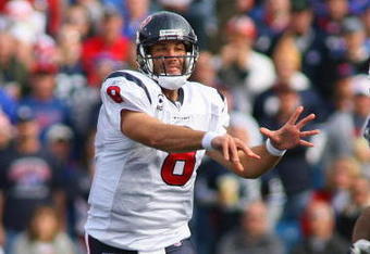 ORCHARD PARK, NY - NOVEMBER 01:  Matt Schaub #8 of the Houston Texans passes during the game against the Buffalo Bills at Ralph Wilson Stadium on November 1, 2009 in Orchard Park, New York. Houston won 31-10. (Photo by Rick Stewart/Getty Images)