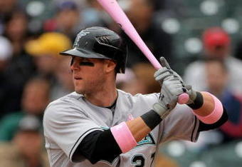 DENVER - MAY 10:  Jeremy Hermida #27 of the Florida Marlins takes an at bat against the Colorado Rockies during MLB action at Coors Field on May 10, 2009 in Denver, Colorado. Hermida was one of many players using pink bats in Major League Baseball today as part of the 'Going To Bat Against Breast Cancer' promotion. The Rockies defeated the Marlins 3-2.  (Photo by Doug Pensinger/Getty Images)