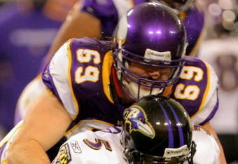 MINNEAPOLIS - OCTOBER 18:  Defensive end Jared Allen #69 of the Minnesota Vikings sacks quarterback Joe Flacco #5 of the Baltimore Ravens in the fourth quarter during NFL action at Hubert H. Humphrey Metrodome on October 18, 2009 in Minneapolis, Minnesota. The Vikings defeated the Ravens 33-31.  (Photo by Doug Pensinger/Getty Images)