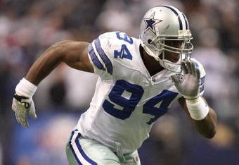 IRVING, TX - DECEMBER 20:  DeMarcus Ware #94 of the Dallas Cowboys rushes the passer from the right side of the defense during their NFL game against the Baltimore Ravens at Texas Stadium on December 20, 2008 in Irving, Texas. The Ravens defeated the Cowboys 33-24. (Photo by Ronald Martinez/Getty Images)