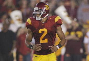 LOS ANGELES, CA - OCTOBER 24:  Taylor Mays #2 of the USC Trojans eyes the play against the Oregon State Beavers on October 24, 2009 at the Los Angeles Coliseum in Los Angeles, California.  USC won 42-36.  (Photo by Jeff Golden/Getty Images)