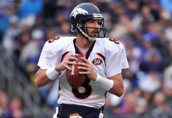 BALTIMORE - NOVEMBER 1:  Kyle Orton #8 of the Denver Broncos looks for a receiver during the game against the Baltimore Ravens at M&T Bank Stadium on November 1, 2009 in Baltimore, Maryland. The Ravens defeated the Broncos 30-7. (Photo by Larry French/Getty Images)