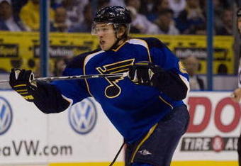 ST. LOUIS, MO. - NOVEMBER 5: Lars Eller #61 of the St. Louis Blues scores a goal against the Calgary Flames in his NHL debut at the Scottrade Center on November 5, 2009 in St. Louis, Missouri.  (Photo by Dilip Vishwanat/Getty Images)