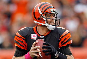 CINCINNATI - OCTOBER 25:  Carson Palmer #9 of the Cincinnati Bengals looks to pass the ball during the NFL game against the Chicago Bears at Paul Brown Stadium on October 25, 2009 in Cincinnati, Ohio.  The Bengals won 45-10.  (Photo by Andy Lyons/Getty Images)