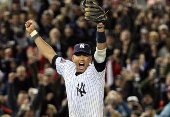 NEW YORK - NOVEMBER 04:  Alex Rodriguez #13 of the New York Yankees celebrates after their 7-3 win against the Philadelphia Phillies in Game Six of the 2009 MLB World Series at Yankee Stadium on November 4, 2009 in the Bronx borough of New York City.  (Photo by Jed Jacobsohn/Getty Images)