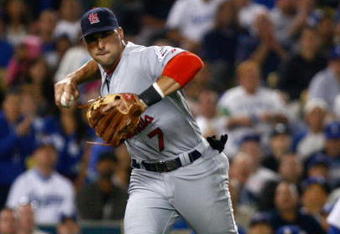 LOS ANGELES, CA - AUGUST 17:  Third baseman Mark DeRosa #7 of the St. Louis Cardinals throws to first base against the Los Angeles Dodgers at Dodger Stadium on August 17, 2009 in Los Angeles, California.  (Photo by Jeff Gross/Getty Images)