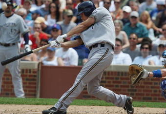 CHICAGO - JULY 03:  J.J. Hardy #7 of the Milwaukee Brewers at bat against the Chicago Cubs during their MLB game on July 3, 2009 at Wrigley Field in Chicago, Illinois. (Photo by Jonathan Daniel/Getty Images) 
