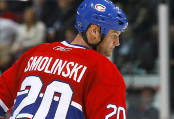 MONTREAL, QC - OCTOBER 22:  Bryan Smolinski #20 of the Montreal Canadiens looks on against the Boston Bruins on October 22, 2007 at the Bell Centre in Montreal, Quebec, Canada. The Canadiens won 6-1. (Photo by Phillip MacCallum/Getty Images)