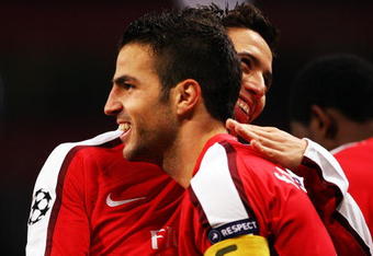 LONDON, ENGLAND - NOVEMBER 04:  Cesc Fabregas of Arsenal celebrates scoring his second and the teams the third goal of the game with Samir Nasri during the UEFA Champions League Group H match between Arsenal and AZ Alkmaar at the Emirates Stadium on November 4, 2009 in London, England.  (Photo by Phil Cole/Getty Images)