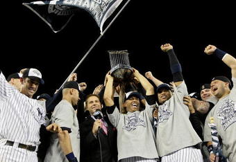 NEW YORK - NOVEMBER 04:  The New York Yankees celebrate after their 7-3 win against the Philadelphia Phillies in Game Six of the 2009 MLB World Series at Yankee Stadium on November 4, 2009 in the Bronx borough of New York City.  (Photo by Pool/Getty Images)