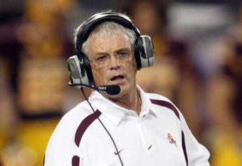 TEMPE, AZ - SEPTEMBER 15: Head coach Dennis Erickson of the Arizona State Sun Devils works on the sidelines during the game with the San Diego State Aztecs on September 15, 2007 at Sun Devil Stadium in Tempe, Arizona. Arizona State won 34-13. (Photo by Stephen Dunn/Getty Images) 