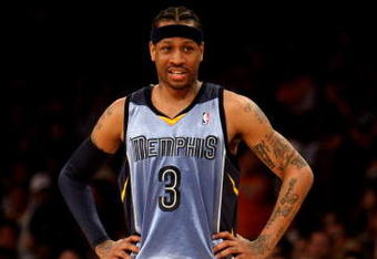 LOS ANGELES, CA - NOVEMBER 06:  Allen Iverson #3 of the Memphis Grizzlies staands on the court in the game against the Los Angeles Lakers on November 6, 2009 at Staples Center in Los Angeles, California. The Lakers won 114-98.  NOTE TO USER: User expressly acknowledges and agrees that, by downloading and/or using this Photograph, user is consenting to the terms and conditions of the Getty Images License Agreement.  (Photo by Stephen Dunn/Getty Images)