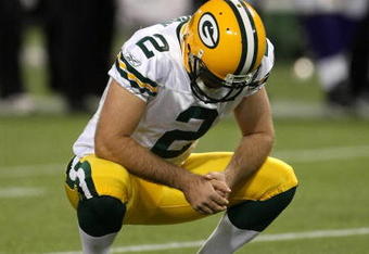 MINNEAPOLIS - NOVEMBER 09:  Kicker Mason Crosby #2 of the Green Bay Packers reacts after missing on a 51 yard field goal attempt to win the game with 31 seconds remaining against the Minnesota Vikings on November 9, 2008 at the Metrodome in Mineapolis, Minnesota.  The Vikings won 28-27.  (Photo by Stephen Dunn/Getty Images)