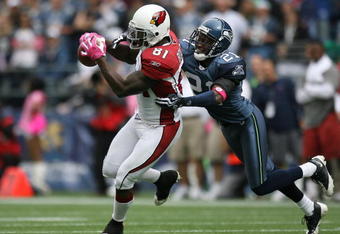 SEATTLE - OCTOBER 18: Wide receiver Anquan Boldin #81 of the Arizona Cardinals makes a catch against Kelly Jennings #21 of the Seattle Seahawks on October 18, 2009 at Qwest Field in Seattle, Washington. (Photo by Otto Greule Jr/Getty Images)