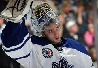 TORONTO, ON - NOVEMBER 07: Jonas Gustavsson #50 of the Toronto Maple Leafs takes a break in his game against the Detroit Red Wings at the Air Canada Centre on November 7, 2009 in Toronto, Canada.  The Maple Leafs defeated the Red Wings 5-1. (Photo by Bruce Bennett/Getty Images)