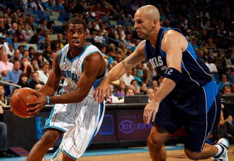 NEW ORLEANS - NOVEMBER 04:  Chris Paul #3 of the New Orleans Hornets drives the ball around Jason Kidd #2 of the Dallas Mavericks at New Orleans Arena on November 4, 2009 in New Orleans, Louisiana.  NOTE TO USER: User expressly acknowledges and agrees that, by downloading and or using this photograph, User is consenting to the terms and conditions of the Getty Images License Agreement.  (Photo by Chris Graythen/Getty Images)
