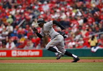 ST. LOUIS - APRIL 6:  Nyjer Morgan #3 of the Pittsburgh Pirates runs the bases against the St. Louis Cardinals during Opening Day on April 6, 2009 at Busch Stadium in St. Louis, Missouri.  The Pirates beat the Cardinals 6-4. (Photo by Dilip Vishwanat/Getty Images)  