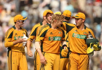 GUWAHATI, INDIA - NOVEMBER 08:  Shane Watson of Australia is congratulated by his team mates after taking the last two wickets of the innings during the sixth One Day International match between India and Australia at Jawaharlal Nehru Stadium on November 8, 2009 in Guwahati, India.  (Photo by Mark Kolbe/Getty Images)