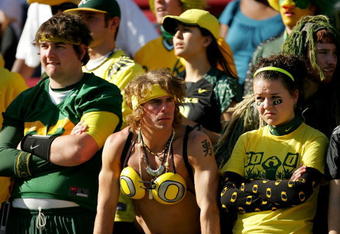PALO ALTO, CA - NOVEMBER 07:  Oregon Ducks fans look upset during their loss to the Stanford Cardinal at Stanford Stadium on November 7, 2009 in Palo Alto, California.  (Photo by Ezra Shaw/Getty Images)