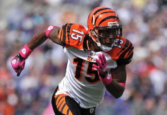 BALTIMORE - OCTOBER 11:  Chris Henry #15 of the Cincinnati Bengals runs a pattern downfield against the Baltimore Ravens at M&T Bank Stadium on October 11, 2009 in Baltimore, Maryland. The Bengals defeated the Ravens 17-14. (Photo by Larry French/Getty Images)