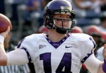 SAN DIEGO - NOVEMBER 7:  Quarterback Andy Dalton #14 of the Texas Christian University Horned Frogs  throws a pass against the San Diego State Aztecs on November 7, 2009 at Qualcomm Stadium in San Diego, California.   TCU won 55-12.   (Photo by Stephen Dunn/Getty Images)