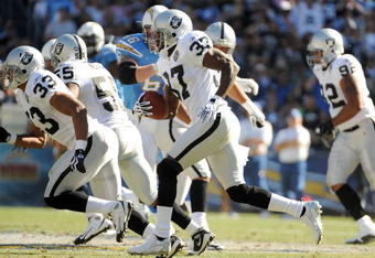 SAN DIEGO - NOVEMBER 01:  Chris Johnson #37 of the Oakland Raiders returns an interception against the San Diego Chargers during the first quarter at Qualcomm Stadium on November 1, 2009 in San Diego, California.  (Photo by Harry How/Getty Images)