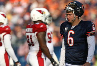 CHICAGO - NOVEMBER 08: Jay Cutler #6 of the Chicago Bears waits for the play call during a game against the Arizona Cardinals at Soldier Field on November 8, 2009 in Chicago, Illinois. The Cardinals defeated the Bears 41-21. (Photo by Jonathan Daniel/Getty Images)